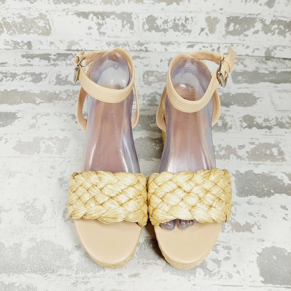 NEW Marc Fisher Steel Jute Raffia Buckle Ankle Strap Summer Sandals H757